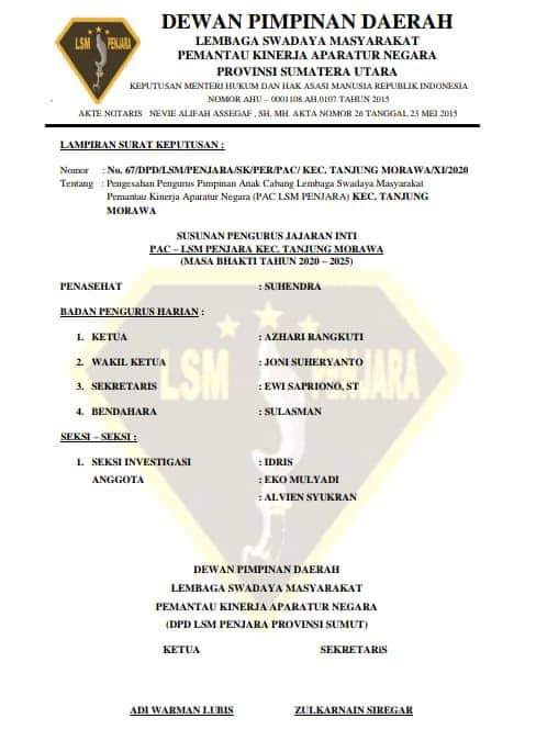 Terima SK PAC LSM Penjara, Azhari Siap Pantau Kinerja Aparatur Kecamatan Tanjung Morawa